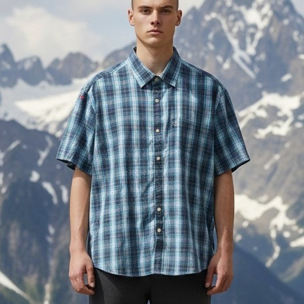 Original Penguin Mens Plaid Short Sleeve Button Down Shirt Blue Teal Classic Fit